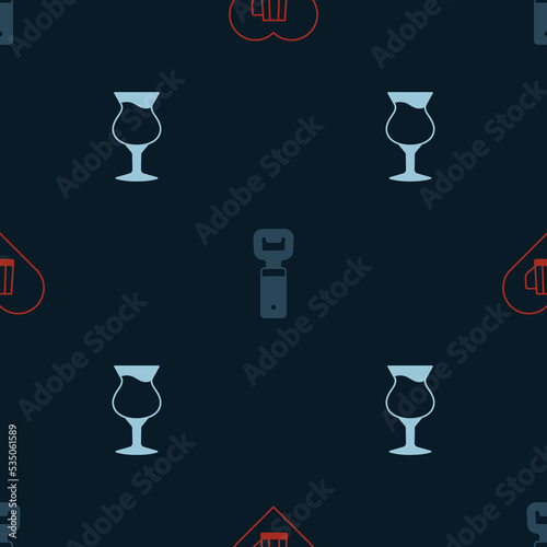 Set Heart with glass of beer, Bottle opener and Glass on seamless pattern. Vector