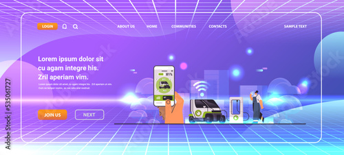 woman charging electric city car in mobile app battery vehicle at recharging power station charger EV management