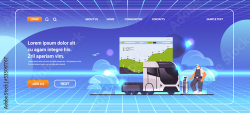 man charging electric semi truck in mobile app battery vehicle at recharging power station charger EV management