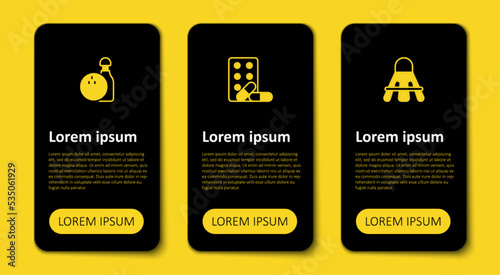 Set Badminton shuttlecock, Sports doping with dumbbell and Bowling and ball. Business infographic template. Vector
