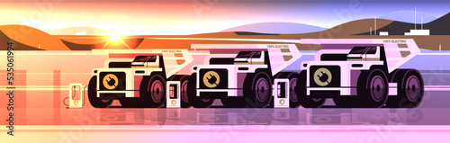 electric mining dumpers charging battery vehicles at recharging power station charger EV management