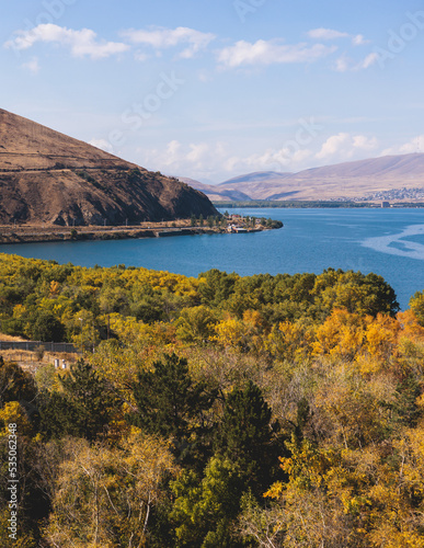 Sevan Lake, Armenia, beautiful aerial panoramic view of Sevan Lake, Gegharkunik Province, with Sevanavank monastery chapel in a summer sunny day © tsuguliev