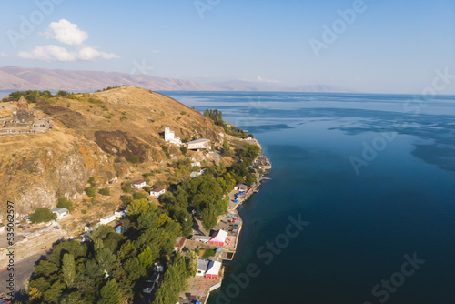 Sevan Lake, Armenia, beautiful aerial panoramic view of Sevan Lake, Gegharkunik Province, with Sevanavank monastery chapel in a summer sunny day