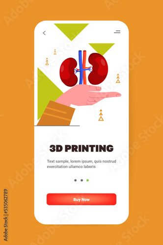 hand holding kidneys model printed on 3d bio printer medical printing of human transplantation organ biological engineering