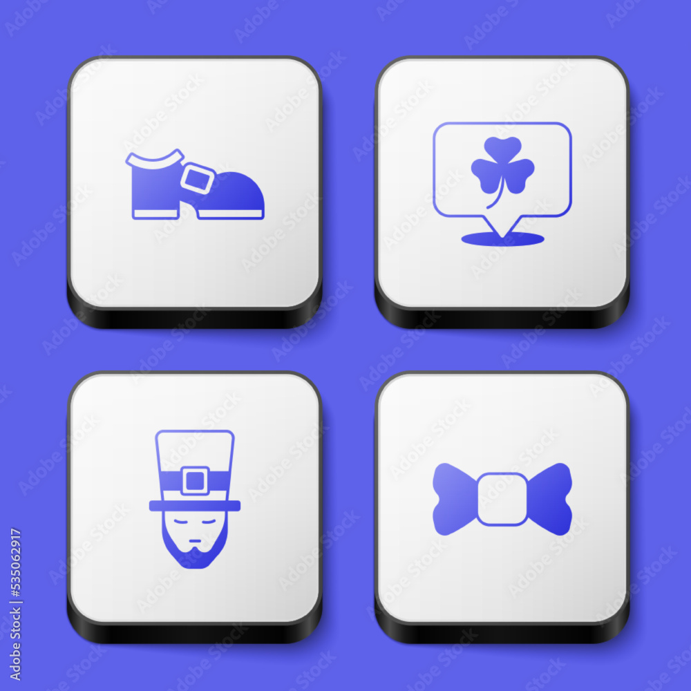 Set Leprechaun boot, Clover trefoil leaf, and Bow tie icon. White square button. Vector Set Leprechaun boot, Clover trefoil leaf, and Bow tie icon. White square button. Vector
