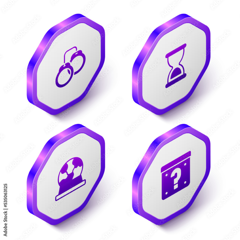 Set Isometric Handcuffs, Old hourglass, Magic ball and Mystery box icon. Purple hexagon button. Vector Set Isometric Handcuffs, Old hourglass, Magic ball and Mystery box icon. Purple hexagon button. Vector