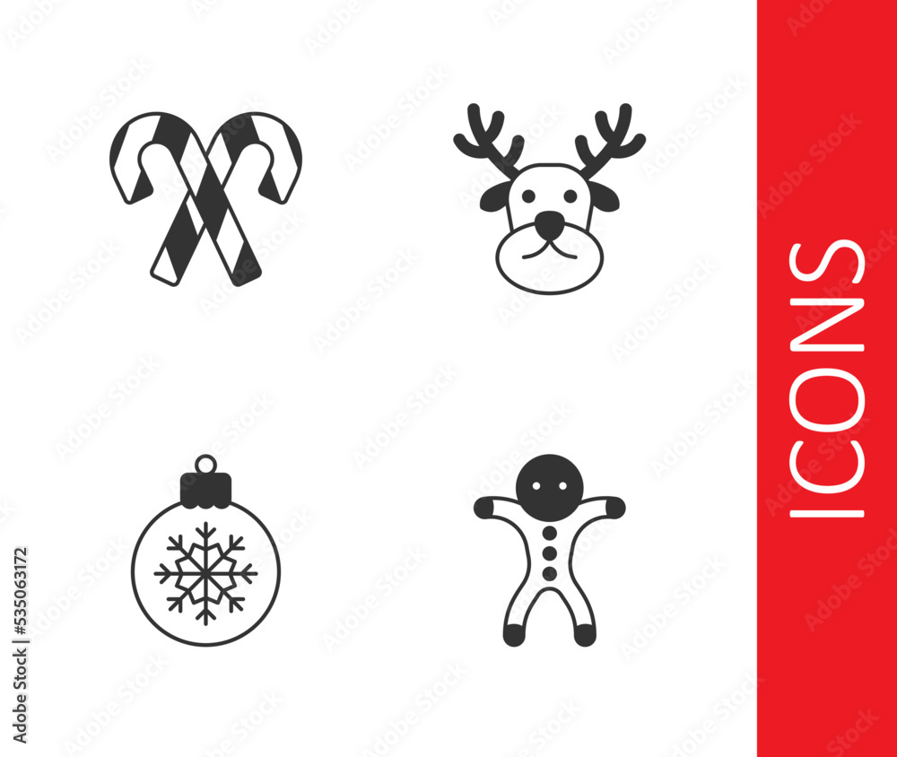 Fototapeta premium Set Holiday gingerbread man cookie, Candy cane with stripes, Christmas ball and Reindeer icon. Vector