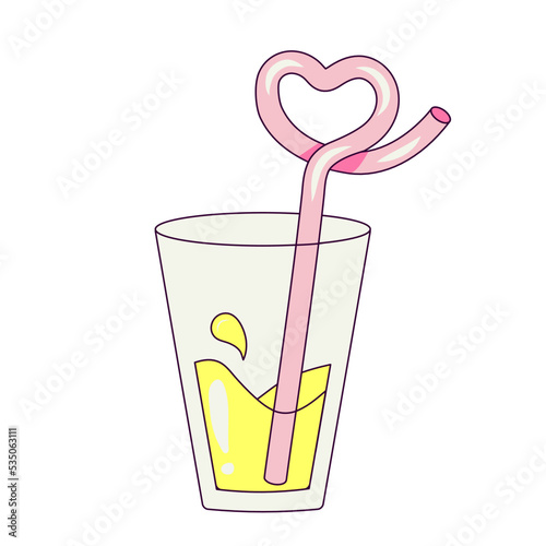 Cocktail with a Straw in the Shape of a Heart Party Illustration in Groovy Style Temporary Sticker or Badge
