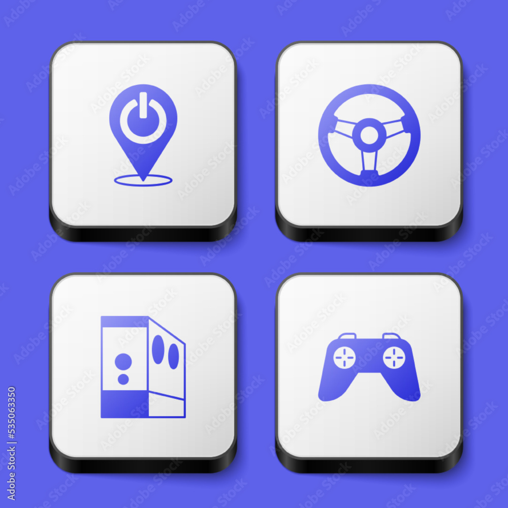Set Power button, Racing simulator, Case of computer and Game controller joystick icon. White square button. Vector Set Power button, Racing simulator, Case of computer and Game controller joystick icon. White square button. Vector