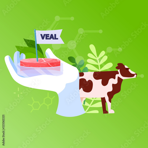 scientist hand holding cultured red raw veal made from animal cells artificial lab grown meat production concept
