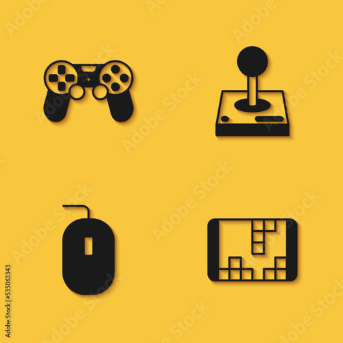 Set Game controller or joystick, Portable video game console, Computer mouse and Joystick for arcade machine icon with long shadow. Vector