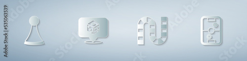 Set Chip for board game, Game dice, Board and Air hockey table. Paper art style. Vector