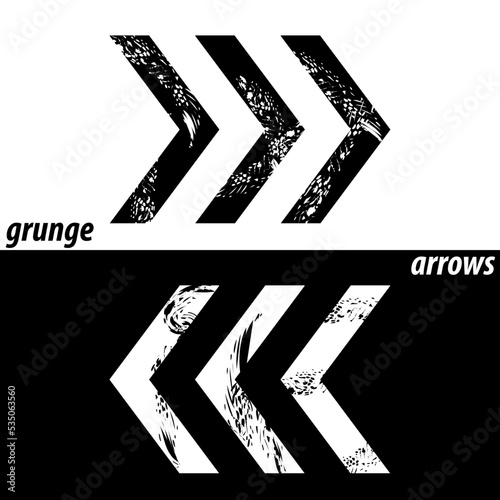 White and black arrows with grunge texture. Trendy design with brush strokes. Vector.