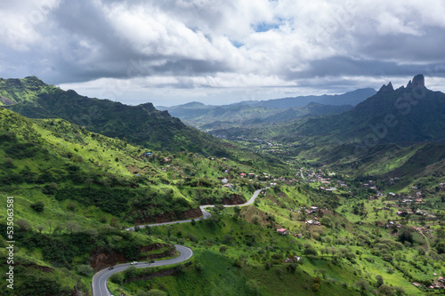 Mountainous green Santiago Island landscape in rain season in Cape Verde