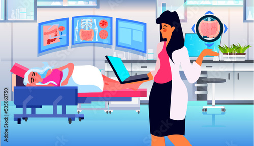 doctor examining stomach X-ray of female patient health care medical treatment concept