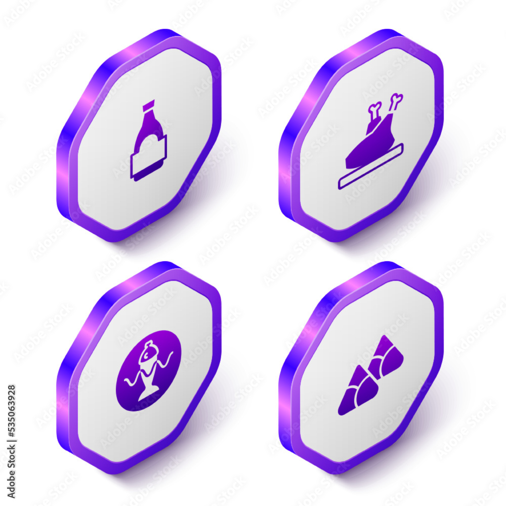 Set Isometric Soy sauce bottle, Roasted turkey or chicken, Served fish on plate and Zongzi in bamboo steamer icon. Purple hexagon button. Vector Set Isometric Soy sauce bottle, Roasted turkey or chicken, Served fish on plate and Zongzi in bamboo steamer icon. Purple hexagon button. Vector