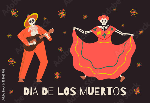 The dancing Catrina skeleton and musician singer playing guitar. Dia De Los Muertos or The Day of the Dead vector card.