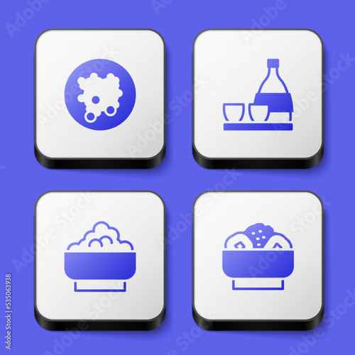 Set Rice in a bowl, Bottle of sake, and Chow mein on plate icon. White square button. Vector