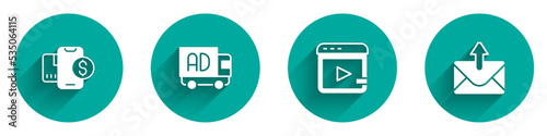 Set Mobile with dollar, Advertising on truck, Video advertising and Mail and e-mail icon with long shadow. Vector Free Download Set Mobile with dollar, Advertising on truck, Video advertising and Mail and e-mail icon with long shadow. Vector - GFXLoad