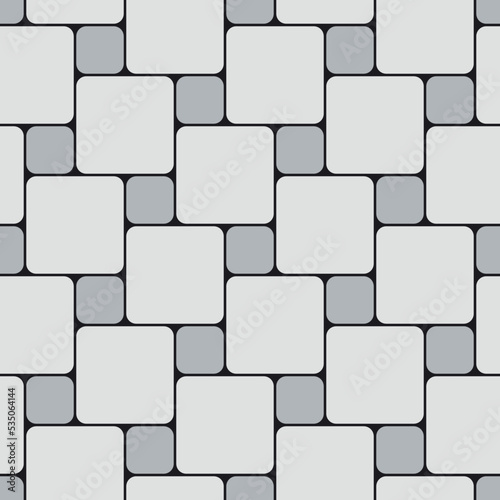 Seamless pattern of paving slabs. Large and small rounded squares. Simple wallpaper with diagonal geometric print. Monochrome vector background.