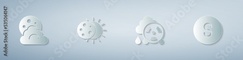 Set Cloud with moon, Eclipse of the sun, Acid rain radioactive cloud and Compass south. Paper art style. Vector