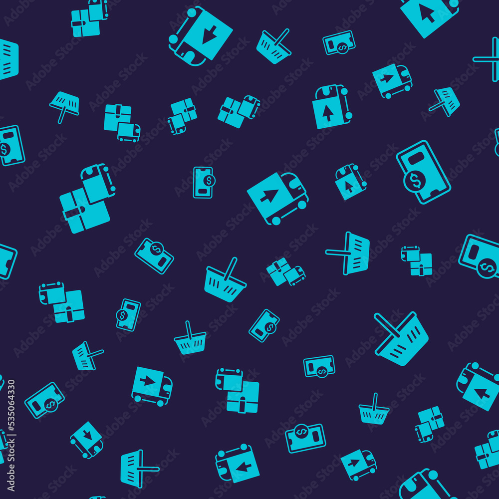 Set Delivery cargo truck, Mobile with dollar, and Shopping basket on seamless pattern. Vector