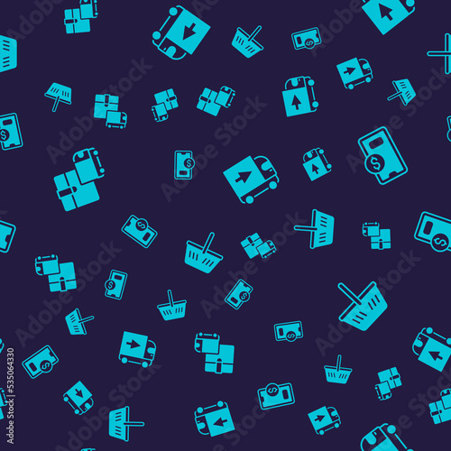 Set Delivery cargo truck, Mobile with dollar, and Shopping basket on seamless pattern. Vector