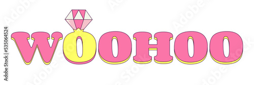Text Woohoo with Diamond Ring  Bachelorette Party Temporary Sticker or Badge in Retro Groovy Style