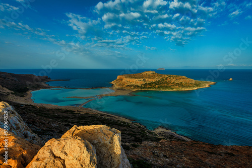 Fantastic panorama of Balos Lagoon and Gramvousa island on Crete, Greece. Cap tigani in the center photo