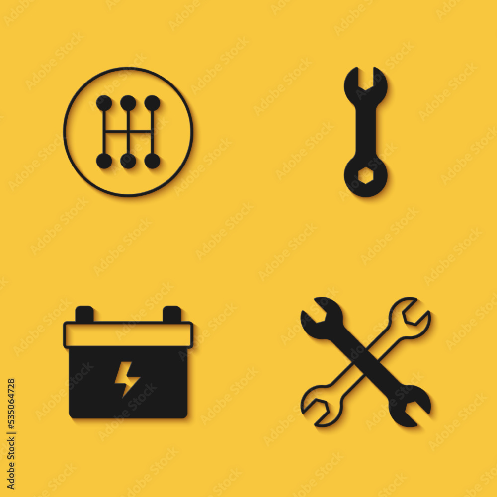 Set Gear shifter, Wrench spanner, Car battery and icon with long shadow. Vector Set Gear shifter, Wrench spanner, Car battery and icon with long shadow. Vector