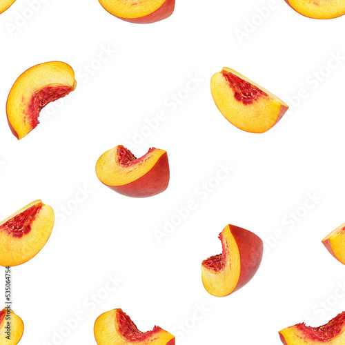 Fototapeta Naklejka Na Ścianę i Meble -  Peach slice isolated on white background, SEAMLESS, PATTERN