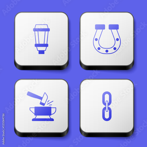 Set Garden light lamp  Horseshoe  Anvil and hammer and Chain link icon. White square button. Vector