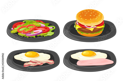 Set fast food icon on plate. Hamburger, salad, scrambled eggs with slices of crisp bacon and ham.