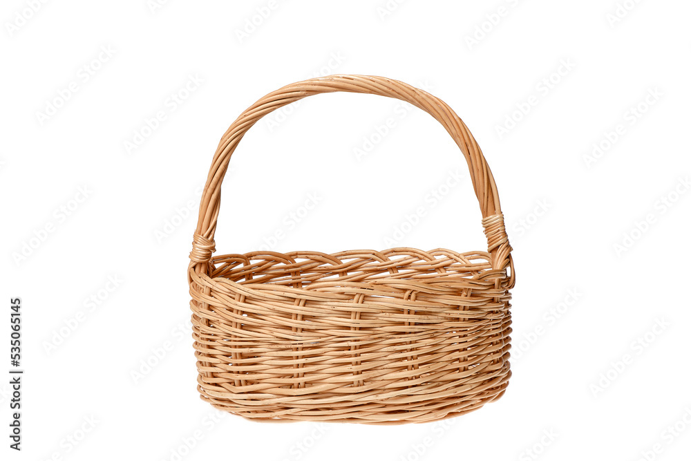the basket is isolated. Wicker basket with handle isolated on white