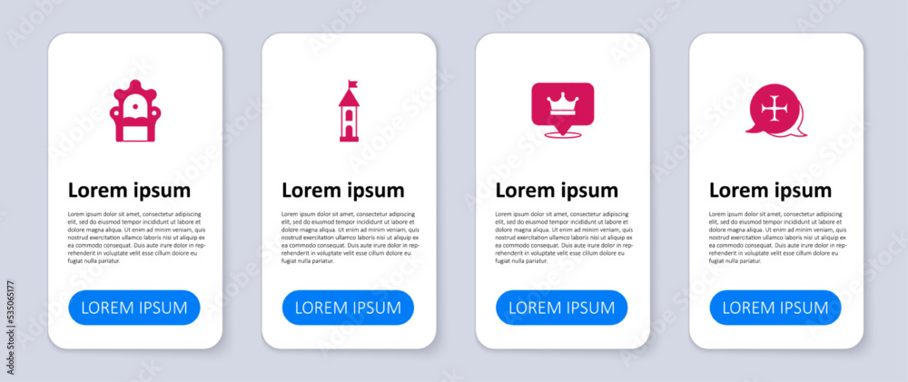 Set Crusade, King crown, Castle tower and Medieval throne. Business infographic template. Vector Set Crusade, King crown, Castle tower and Medieval throne. Business infographic template. Vector