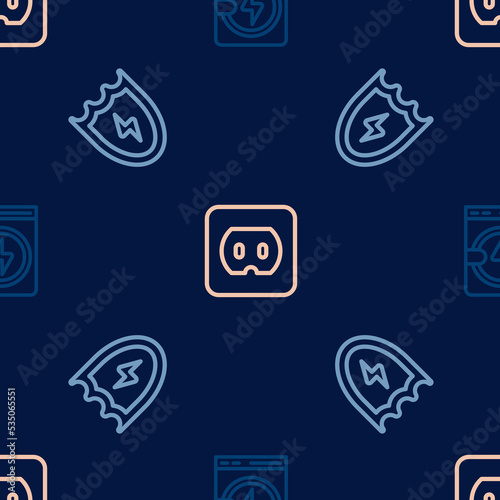 Set line Washer, Lightning and shield and Electrical outlet on seamless pattern. Vector