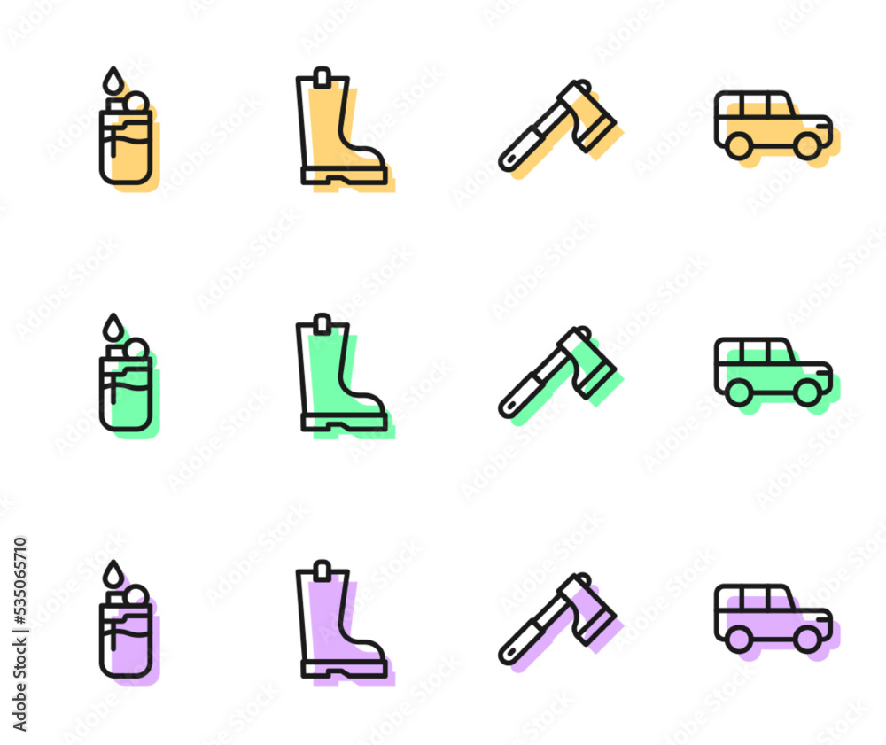Set line Wooden axe, Lighter, Waterproof rubber boot and Safari car icon. Vector Set line Wooden axe, Lighter, Waterproof rubber boot and Safari car icon. Vector