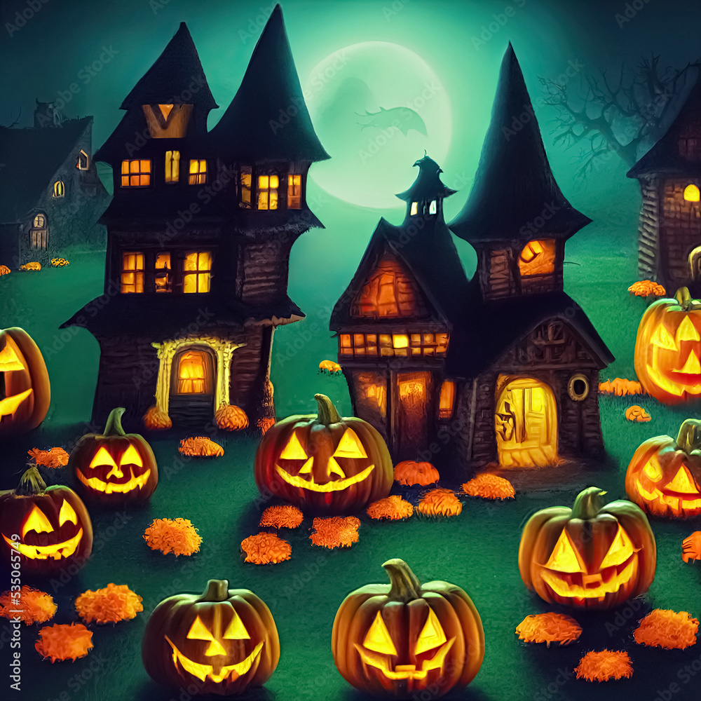 Fototapeta premium Jack O’ Lanterns pumpkins glowing at spooky mysterious Halloween night. Digital 3D illustration.