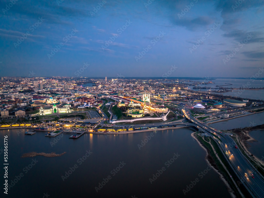 Panorama night city Kazan kremlin and Kul Sharif mosque Russia, aerial top view.