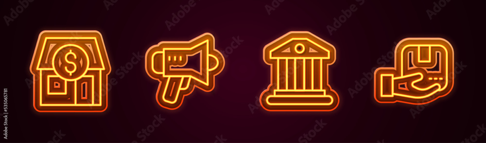 Set line Market store, Megaphone, Bank building and Delivery hand with box. Glowing neon icon. Vector Set line Market store, Megaphone, Bank building and Delivery hand with box. Glowing neon icon. Vector