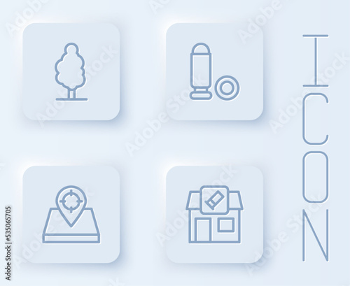 Set line Tree, Bullet, Hunt place and Hunting shop. White square button. Vector