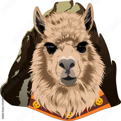 A cute alpaca with a mountain behind 