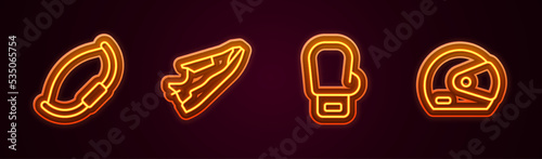Set line Medieval bow, Fitness sneakers shoes, Boxing glove and Racing helmet. Glowing neon icon. Vector