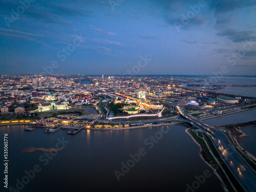 Panorama night city Kazan kremlin and Kul Sharif mosque Russia  aerial top view.