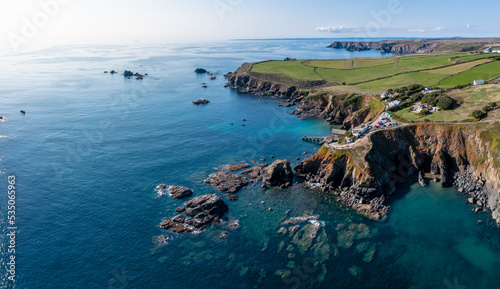 Aerial view of the most Southerly point in England on The Lizard peninsula in Cornwall