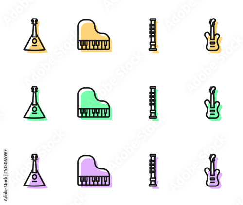 Set line Flute, Balalaika, Grand piano and Electric bass guitar icon. Vector