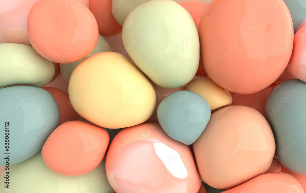 Dynamic abstract pastel colored 3d rendering background with soft spheres.