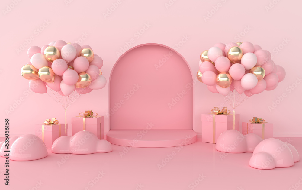 Wall scene with arch, balloons, present box, podium, clouds. 3D rendering interior. Platform for product presentation, mock up background.