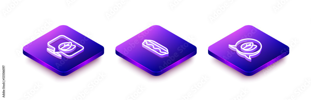 Set Isometric line Location with leaf, Homemade pie and Leaf icon. Vector Set Isometric line Location with leaf, Homemade pie and Leaf icon. Vector
