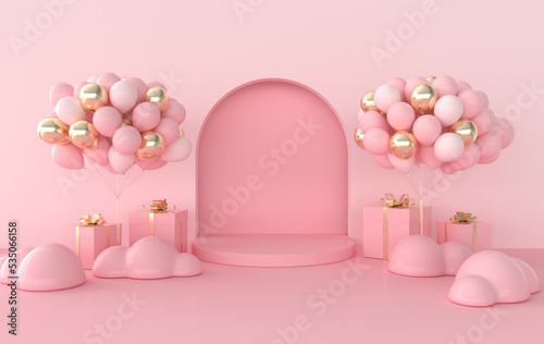 Wall scene with arch, balloons, present box, podium, clouds. 3D rendering interior. Platform for product presentation, mock up background. © Meranna